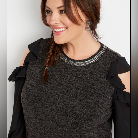 Maurice Embellished Neck Cold Shoulder Top with Chiffon Sleeves - Picture 4 of 10